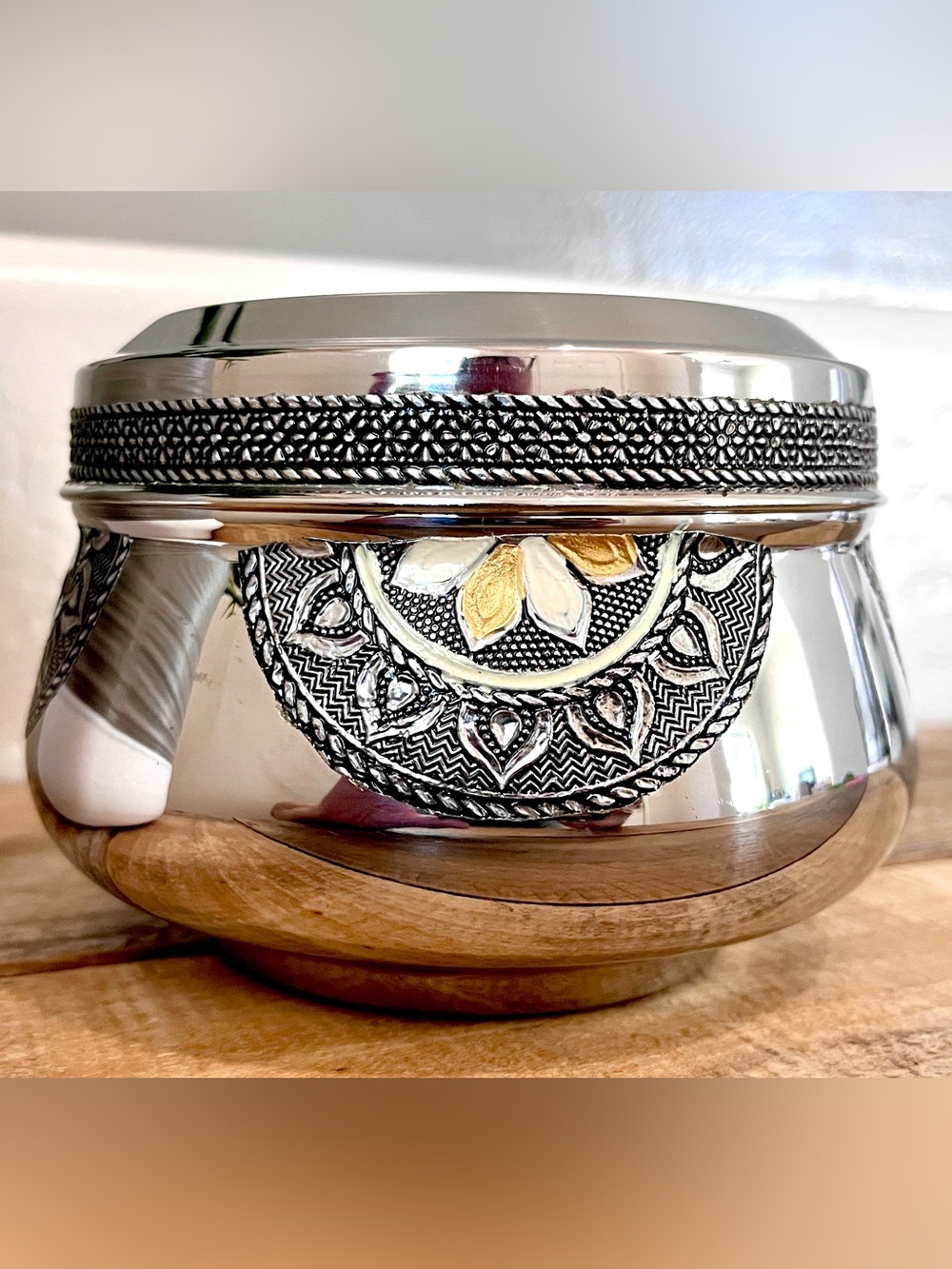 Vintage Embossed Stainless Steel Belly Dabba Canister Meenakari Cookie Jar 5.5” - Picture 2 of 5